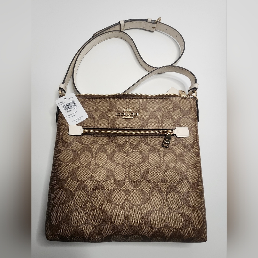 NWT Coach Signature Rowan File Crossbody Khaki/White